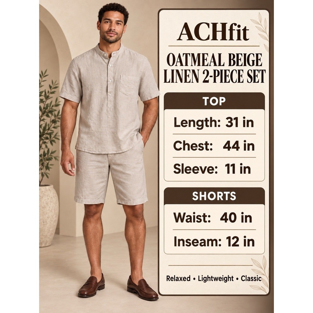 ACHfit Men's XL Oatmeal Beige Linen 2-Piece Shirt Shorts Set Elastic Waist - Picture 4 of 6